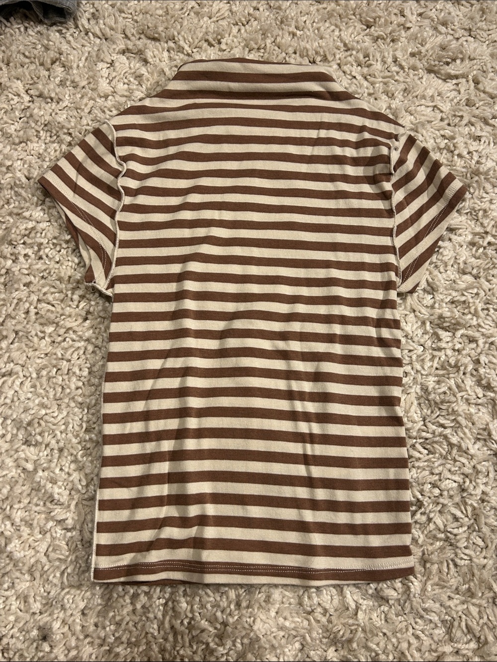 Free People - Cropped Brown & Cream Striped Short Sleeve mock neck